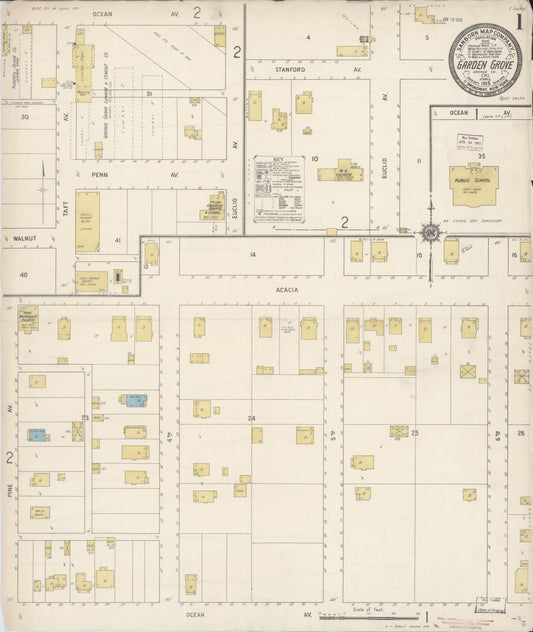 Sanborn Fire Insurance Map from Garden Grove, Orange County, California (1915), Sheet #0001 - Historic Sanborn Fire Insurance Map Print, vintage old map wall art, antique decor, genealogy gift, California California map