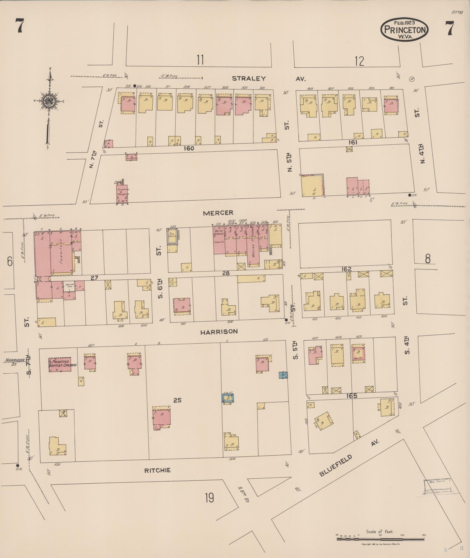 Sanborn Fire Insurance Map from Princeton, Mercer County, West Virginia (1923), Sheet #0007 - Complete Map Set gallery image, historic Sanborn map, vintage wall art, West Virginia West Virginia