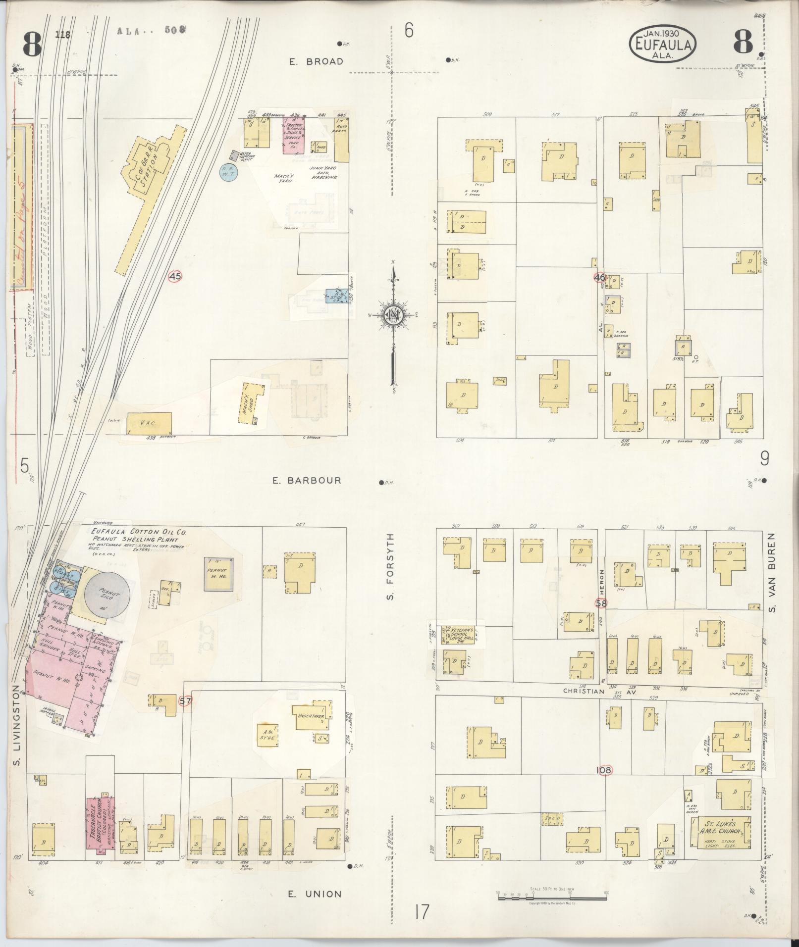 Sanborn Fire Insurance Map from Eufaula, Barbour County, Alabama (1950), Sheet #0008 - Complete Map Set gallery image, historic Sanborn map, vintage wall art, Alabama Alabama