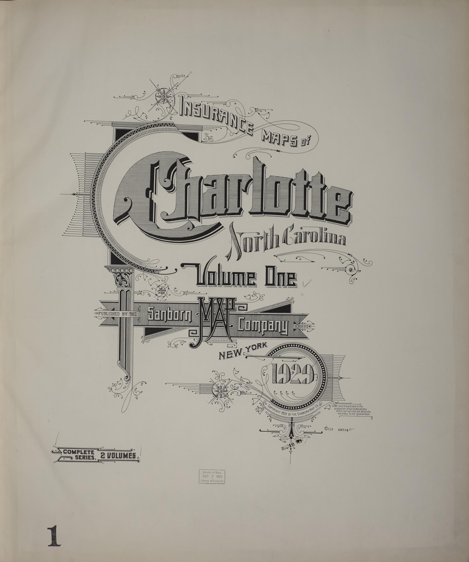 Sanborn Fire Insurance Map from Charlotte, Mecklenburg County, North Carolina (1929), Sheet #0001 - Complete Map Set gallery image, historic Sanborn map, vintage wall art, North Carolina North Carolina