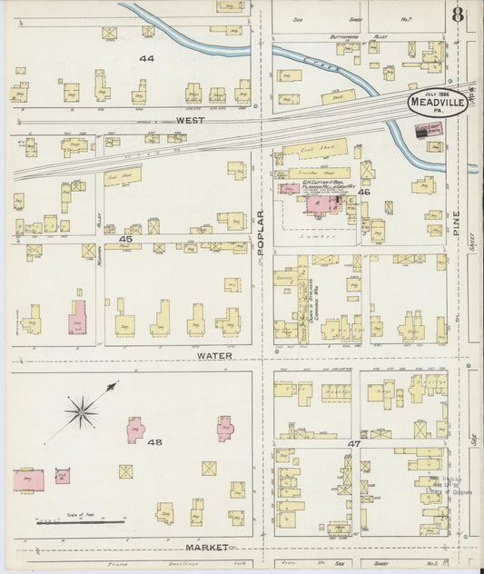 Sanborn Fire Insurance Map from Meadville, Crawford County, Pennsylvania (1886), Sheet #0008 - Historic Sanborn Fire Insurance Map Print, vintage old map wall art, antique decor, genealogy gift, Pennsylvania Pennsylvania map