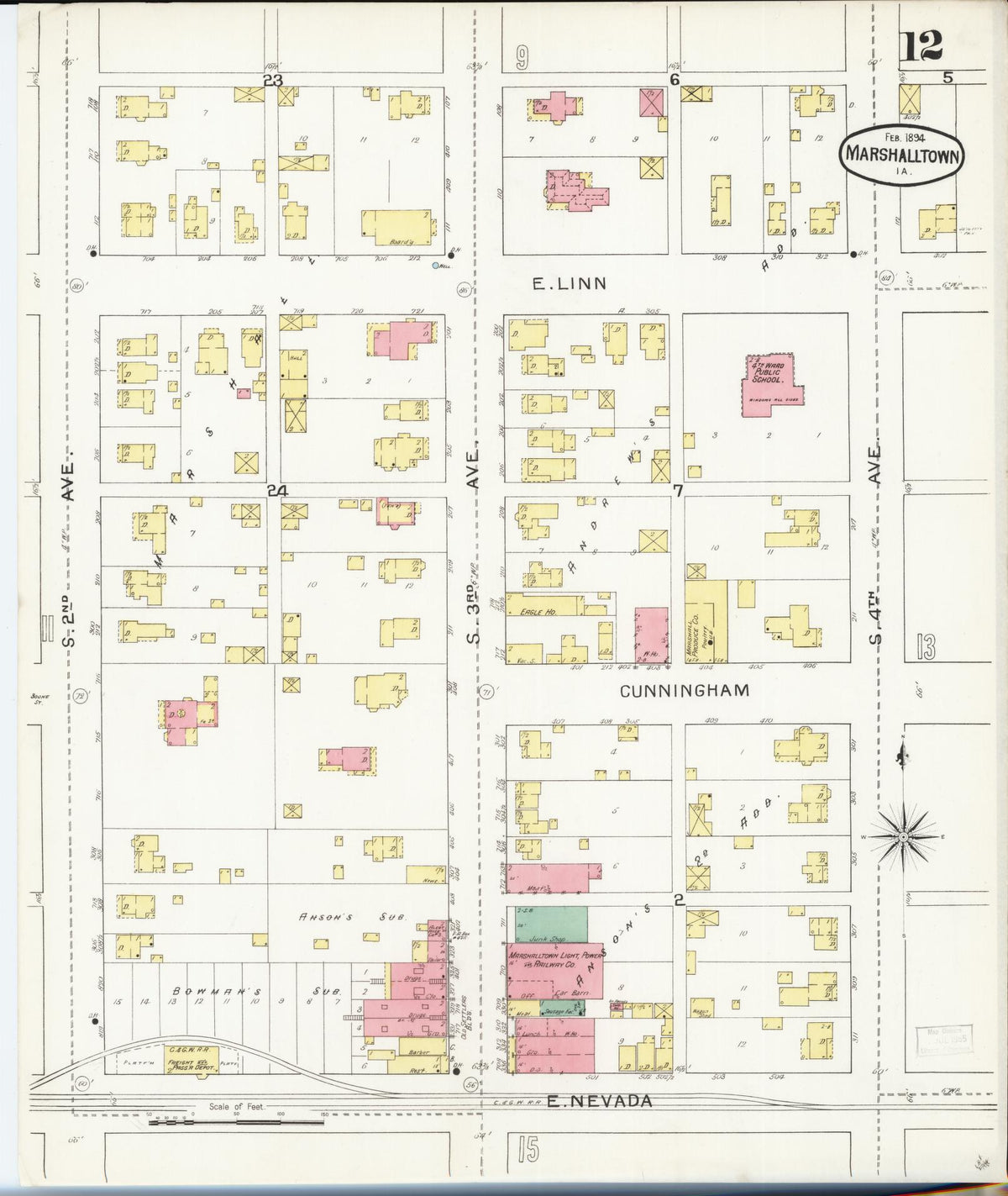 Sanborn Fire Insurance Map from Marshalltown, Marshall County, Iowa (1894), Sheet #0012 - Historic Sanborn Fire Insurance Map Print, vintage old map wall art