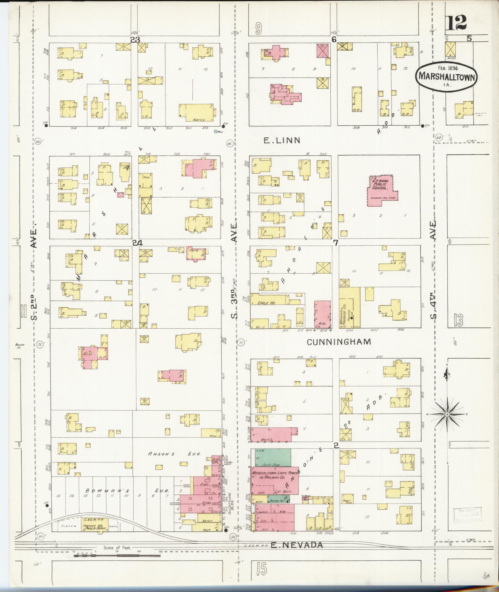 Sanborn Fire Insurance Map from Marshalltown, Marshall County, Iowa (1894), Sheet #0012 - Historic Sanborn Fire Insurance Map Print, vintage old map wall art