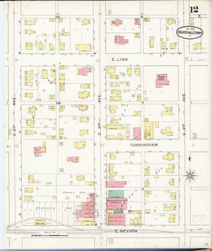 Sanborn Fire Insurance Map from Marshalltown, Marshall County, Iowa (1894), Sheet #0012 - Historic Sanborn Fire Insurance Map Print, vintage old map wall art