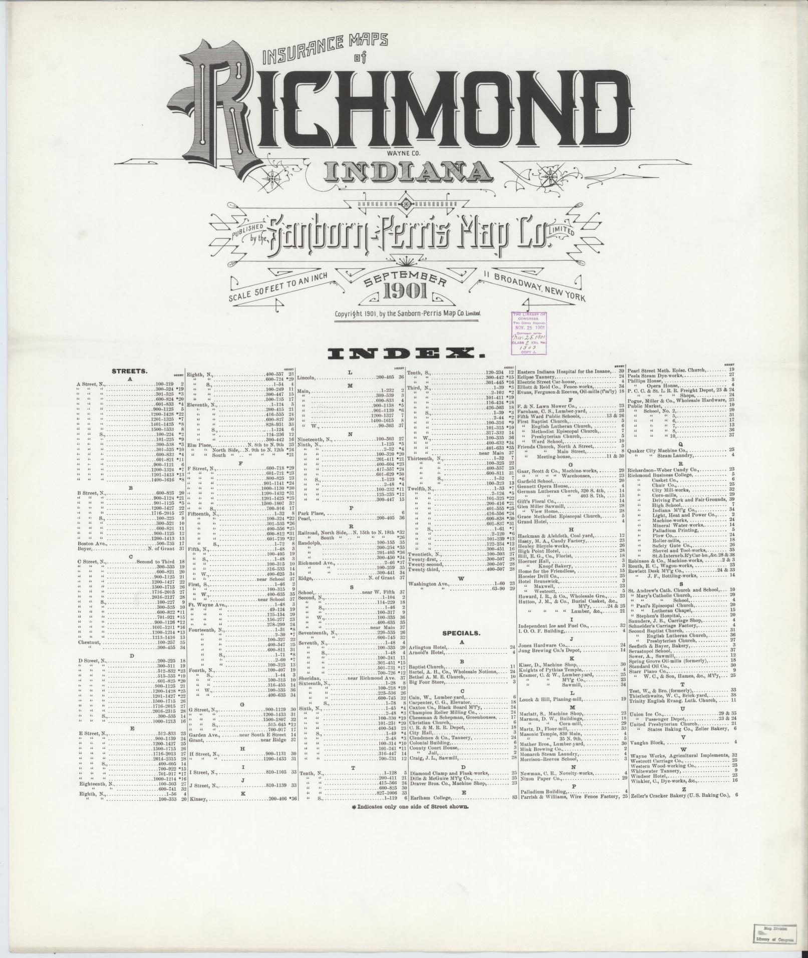 Sanborn Fire Insurance Map from Richmond, Wayne County, Indiana (1901), Sheet #0001 - Historic Sanborn Fire Insurance Map Print, vintage old map wall art, antique decor, genealogy gift, Indiana Indiana map