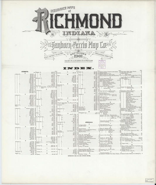 Sanborn Fire Insurance Map from Richmond, Wayne County, Indiana (1901), Sheet #0001 - Historic Sanborn Fire Insurance Map Print, vintage old map wall art, antique decor, genealogy gift, Indiana Indiana map