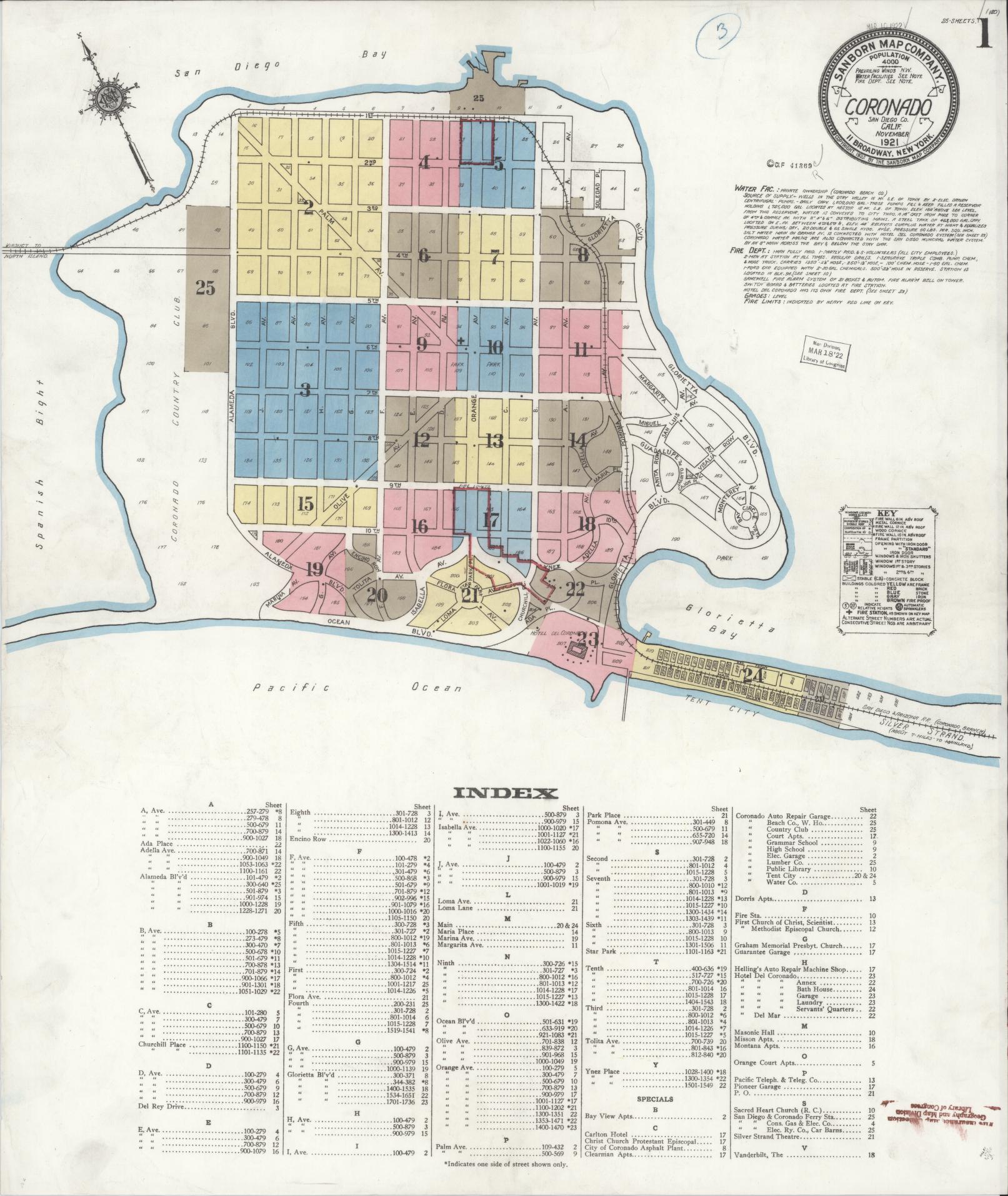 Sanborn Fire Insurance Map from Coronado, San Diego County, California. (1921) – Historic Sanborn Fire Insurance Map Print