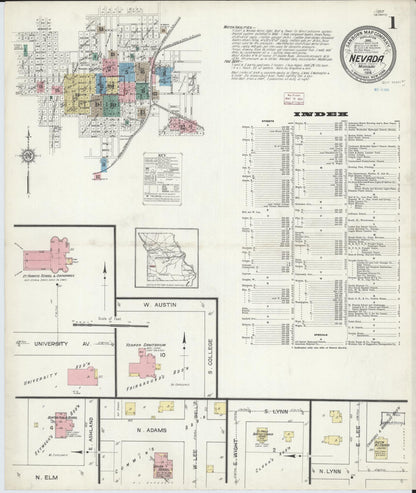 Sanborn Fire Insurance Map from Nevada, Vernon County, Missouri (1914), Sheet #0001 - Complete Map Set gallery image, historic Sanborn map, vintage wall art, Missouri Missouri