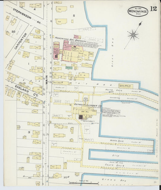 Sanborn Fire Insurance Map from Menominee, Menominee County, Michigan (1890), Sheet #0012 - Historic Sanborn Fire Insurance Map Print, vintage old map wall art, antique decor, genealogy gift, Michigan Michigan map