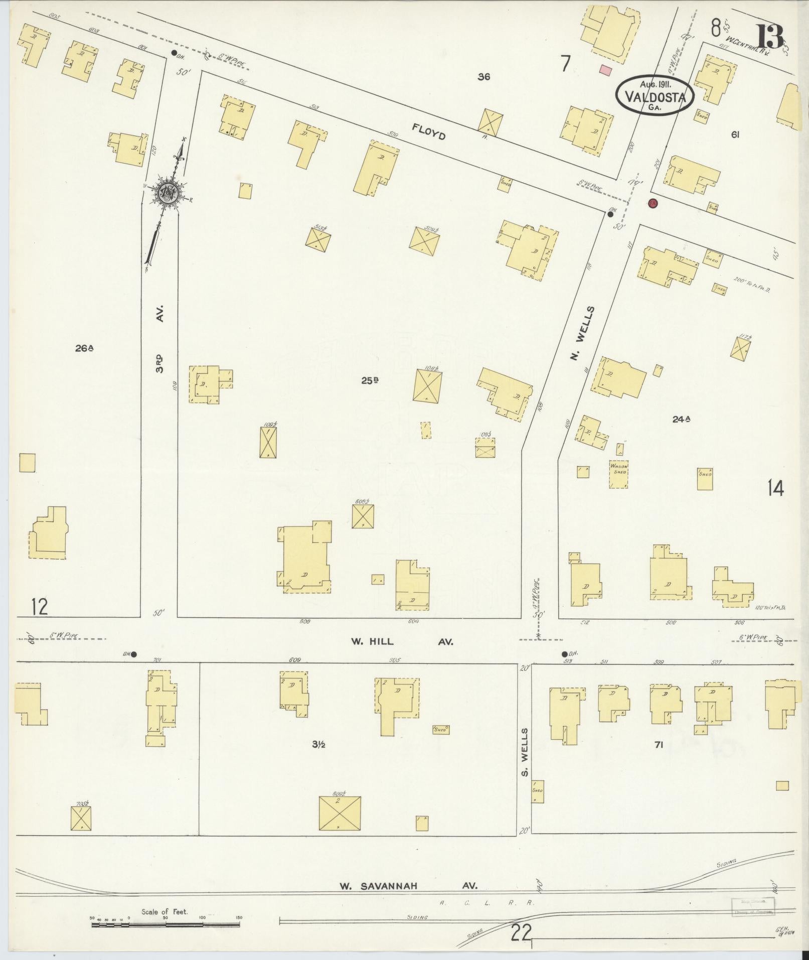Sanborn Fire Insurance Map from Valdosta, Lowndes County, Georgia (1911), Sheet #0013 - Complete Map Set gallery image, historic Sanborn map, vintage wall art, Georgia Georgia