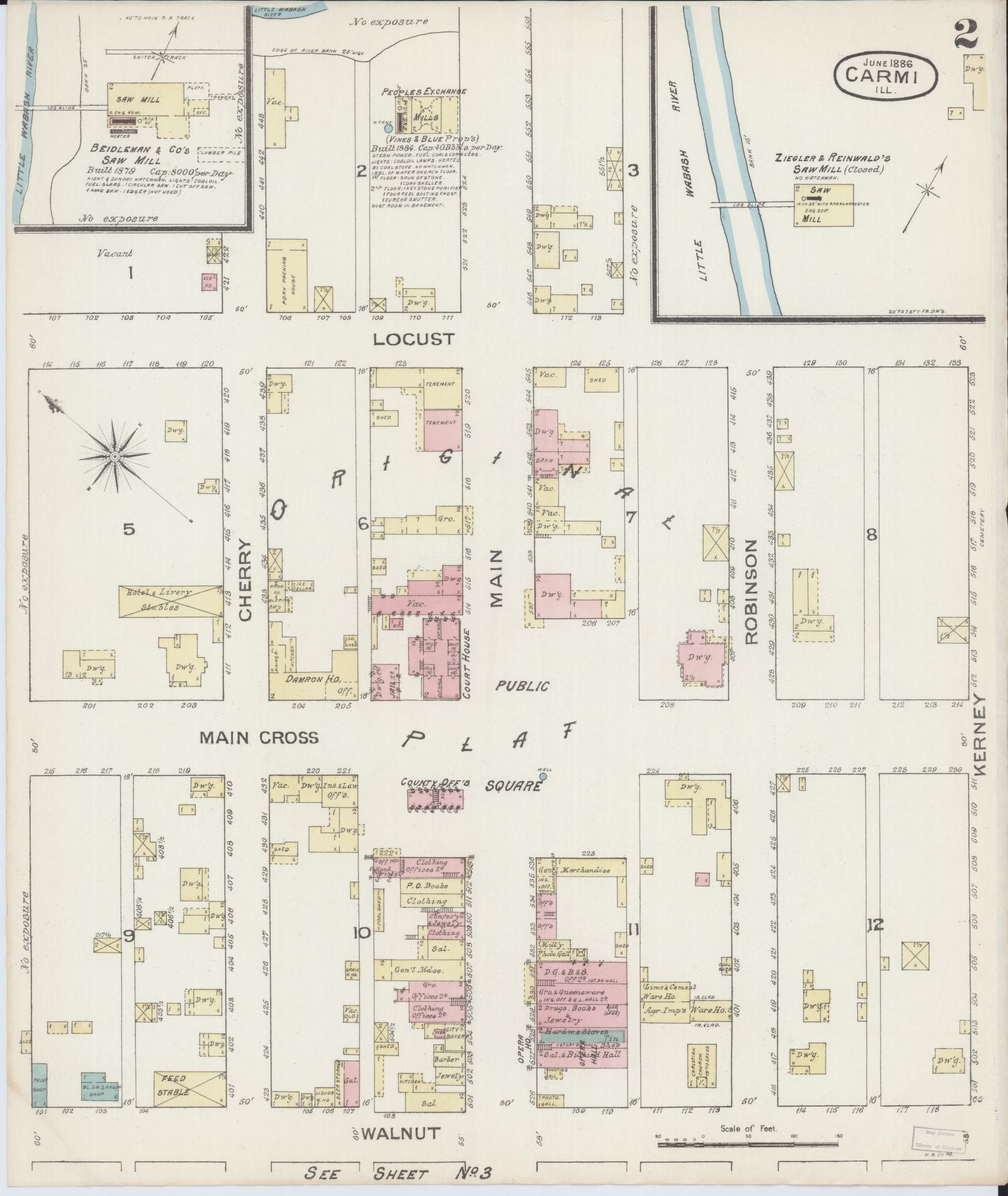 Sanborn Fire Insurance Map from Carmi, White County, Illinois (1886), Sheet #0002 - Historic Sanborn Fire Insurance Map Print, vintage old map wall art, antique decor, genealogy gift, Illinois Illinois map