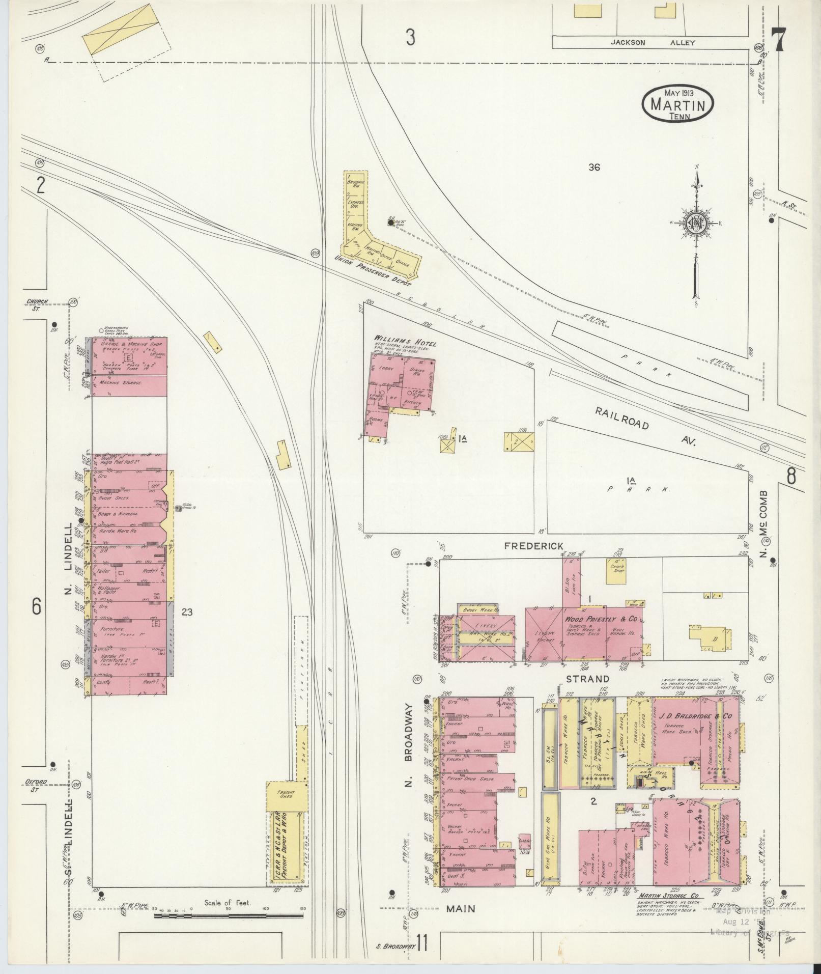 Sanborn Fire Insurance Map from Martin, Weakley County, Tennessee (1913), Sheet #0007 - Historic Sanborn Fire Insurance Map Print, vintage old map wall art, antique decor, genealogy gift, Tennessee Tennessee map