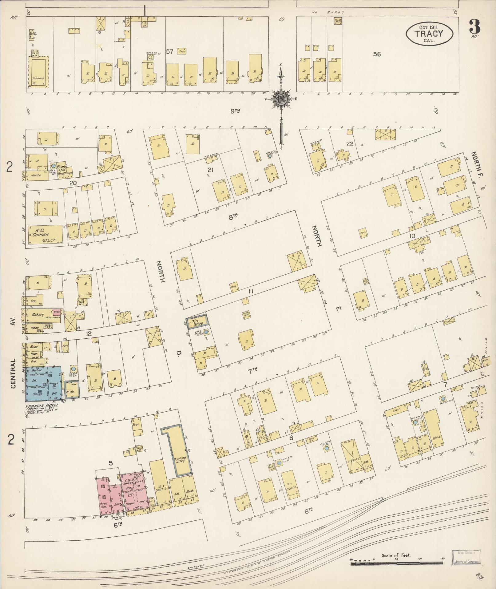 Sanborn Fire Insurance Map from Tracy, San Joaquin County, California (1911), Sheet #0003 - Complete Map Set gallery image, historic Sanborn map, vintage wall art, California California