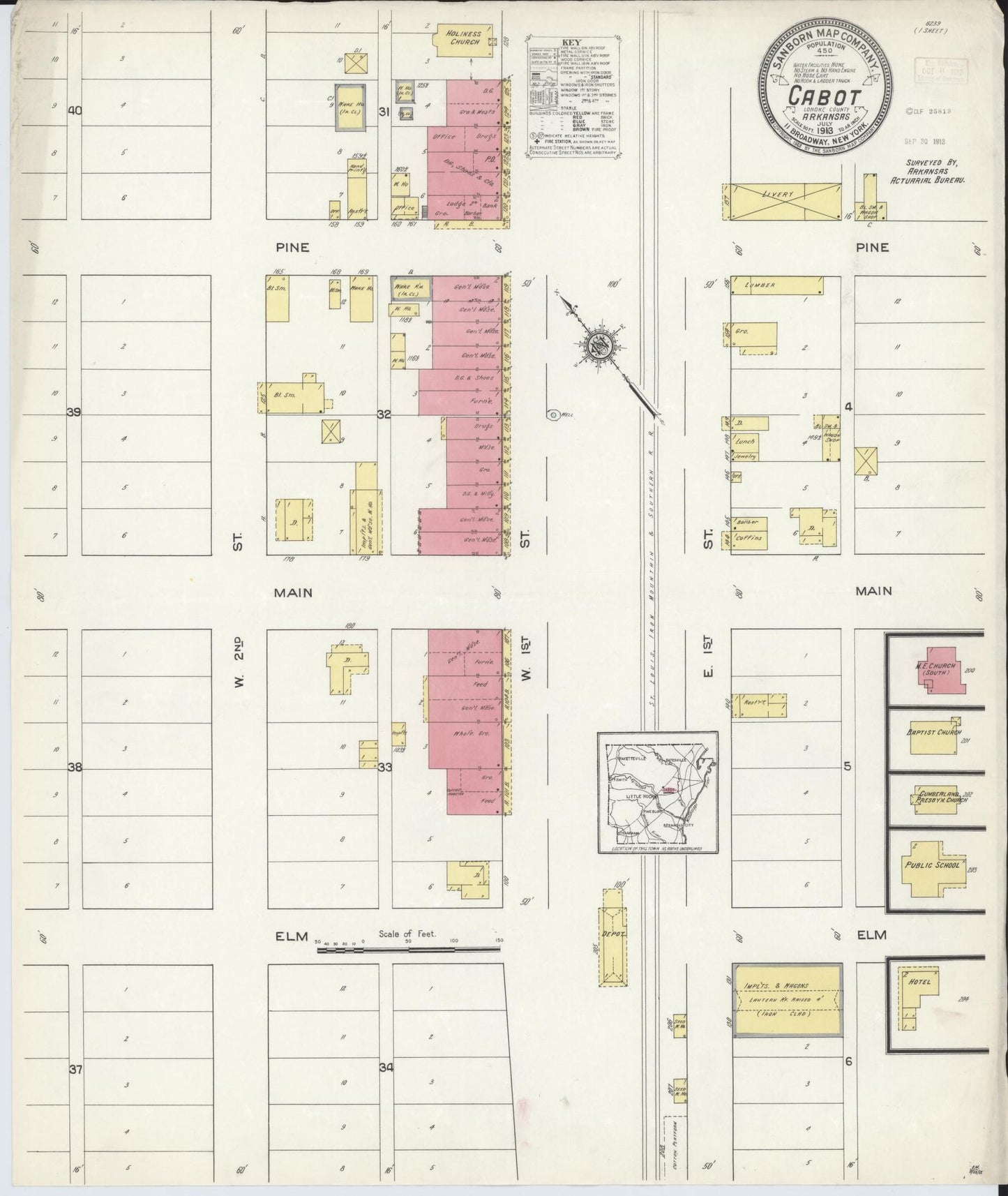 Sanborn Fire Insurance Map from Cabot, Lonoke County, Arkansas (1913), Sheet #0001 - Historic Sanborn Fire Insurance Map Print, vintage old map wall art, antique decor, genealogy gift, Arkansas Arkansas map