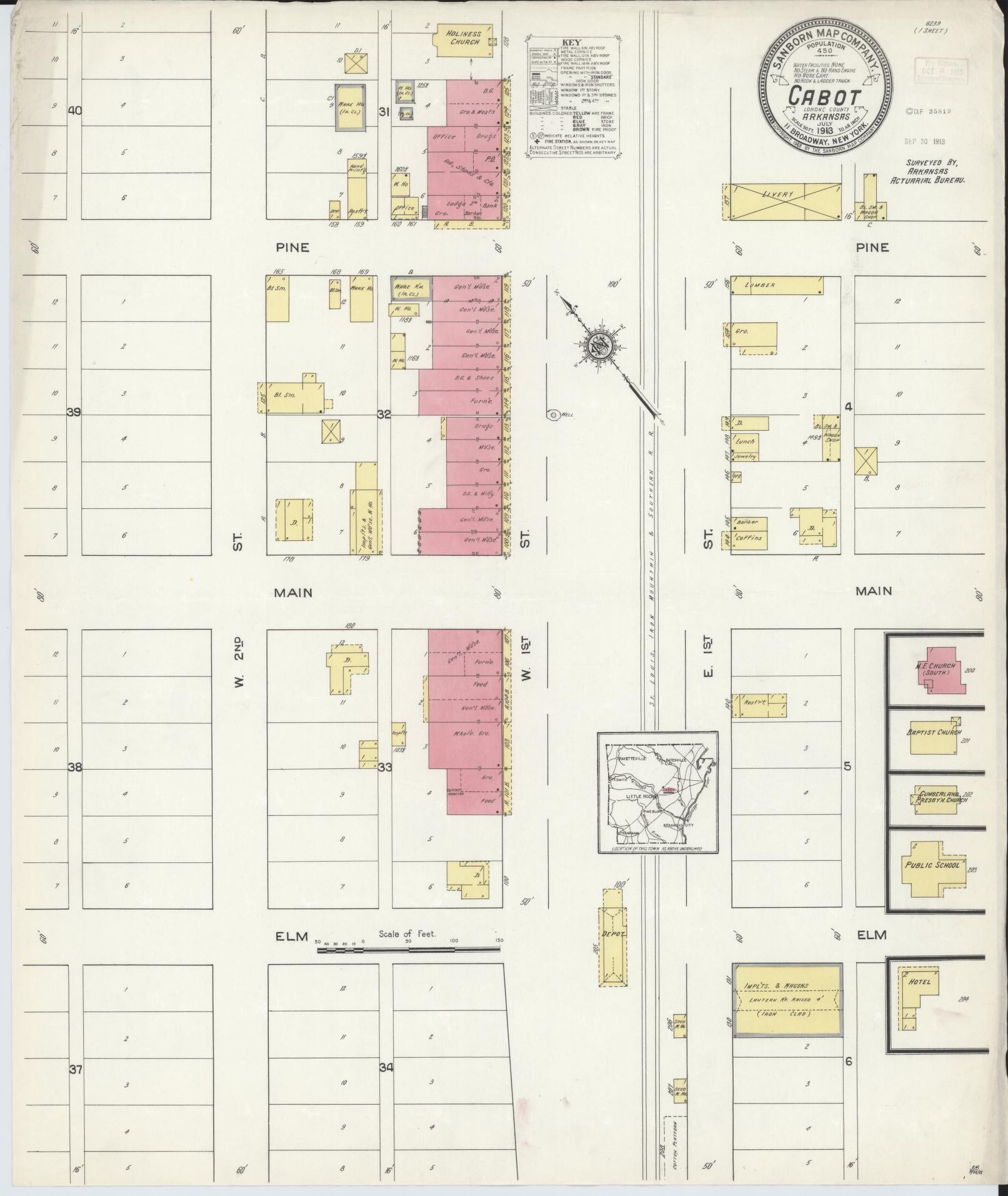 Sanborn Fire Insurance Map from Cabot, Lonoke County, Arkansas (1913), Sheet #0001 - Historic Sanborn Fire Insurance Map Print, vintage old map wall art, antique decor, genealogy gift, Arkansas Arkansas map