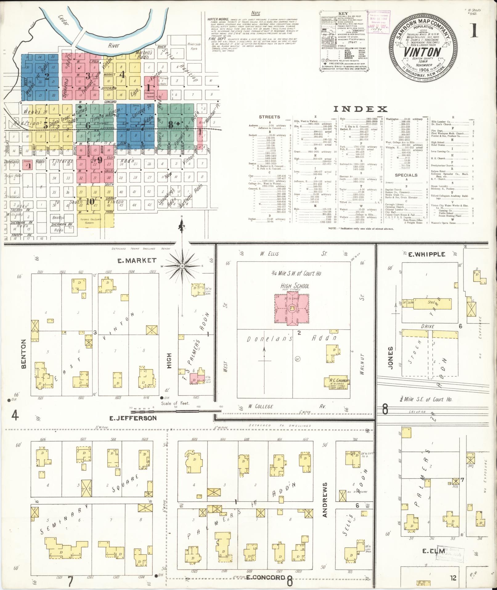Sanborn Fire Insurance Map from Vinton, Benton County, Iowa (1906), Sheet #0001 - Historic Sanborn Fire Insurance Map Print, vintage old map wall art