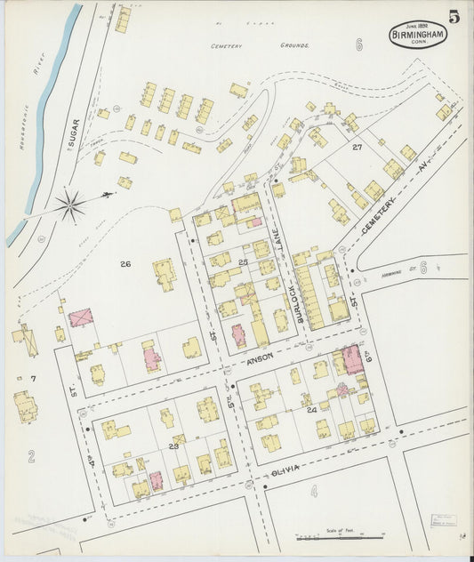Sanborn Fire Insurance Map from Birmingham, New Haven County, Connecticut (1892), Sheet #0005 - Historic Sanborn Fire Insurance Map Print, vintage old map wall art, antique decor, genealogy gift, Connecticut Connecticut map