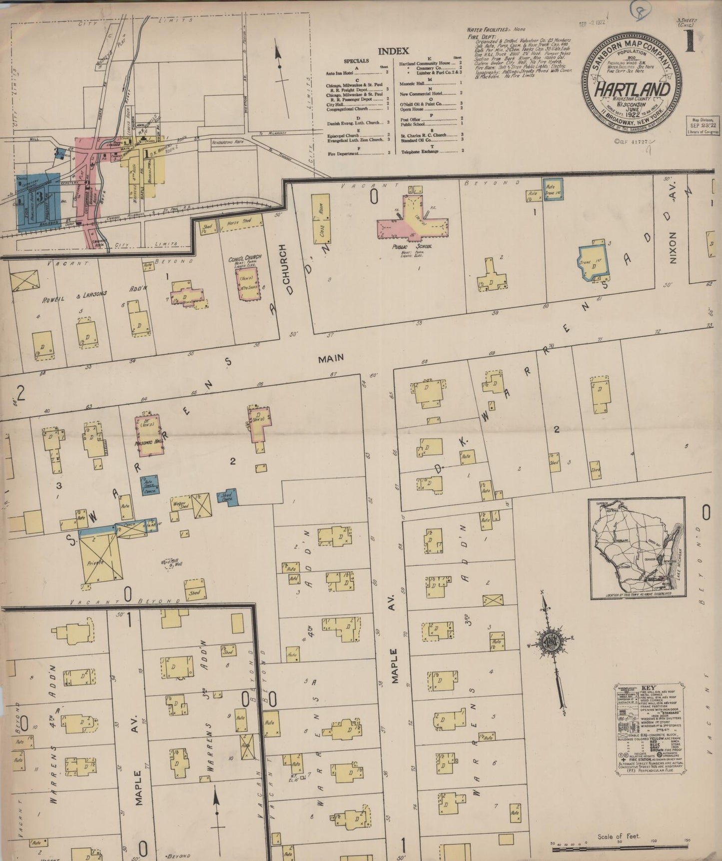 Sanborn Fire Insurance Map from Hartland, Waukesha County, Wisconsin (1922), Sheet #0001 - Historic Sanborn Fire Insurance Map Print, vintage old map wall art, antique decor, genealogy gift, Wisconsin Wisconsin map