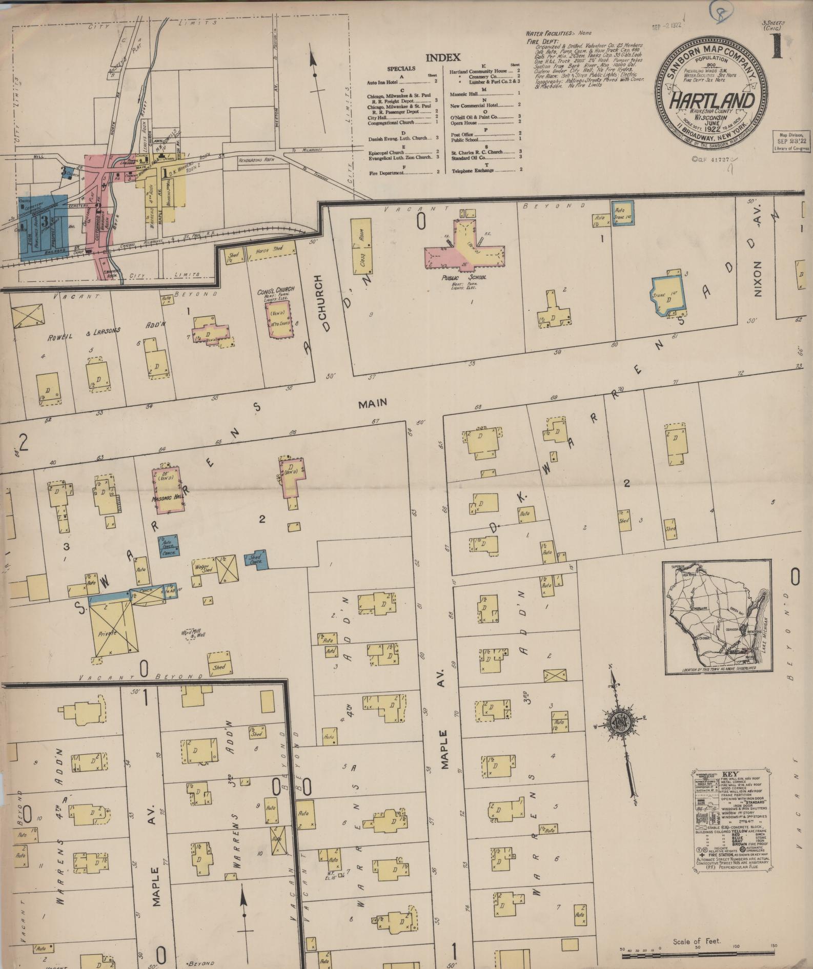 Sanborn Fire Insurance Map from Hartland, Waukesha County, Wisconsin (1922), Sheet #0001 - Historic Sanborn Fire Insurance Map Print, vintage old map wall art, antique decor, genealogy gift, Wisconsin Wisconsin map