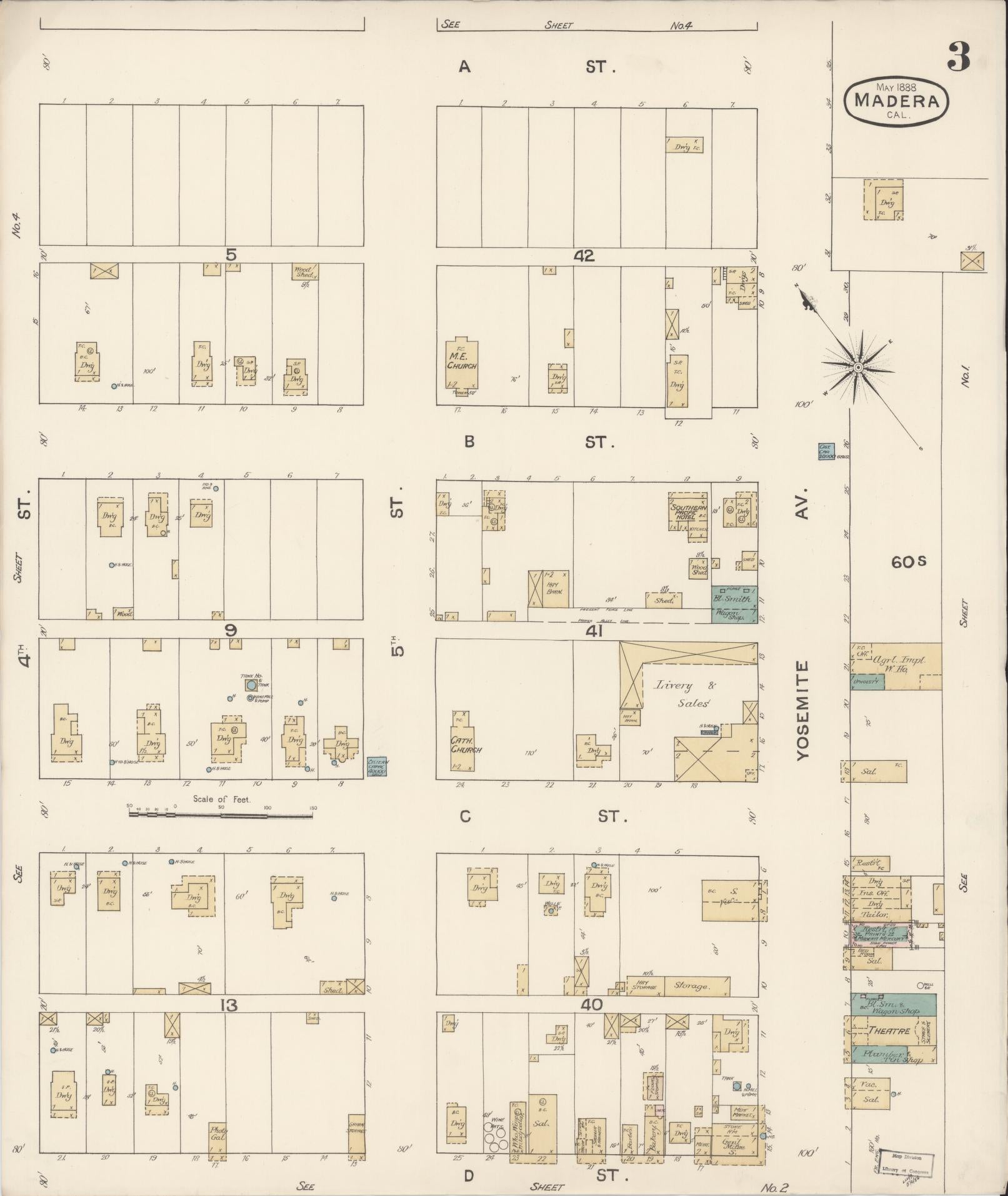 Sanborn Fire Insurance Map from Madera, Madera County, California (1888), Sheet #0003 - Historic Sanborn Fire Insurance Map Print, vintage old map wall art, antique decor, genealogy gift, California California map