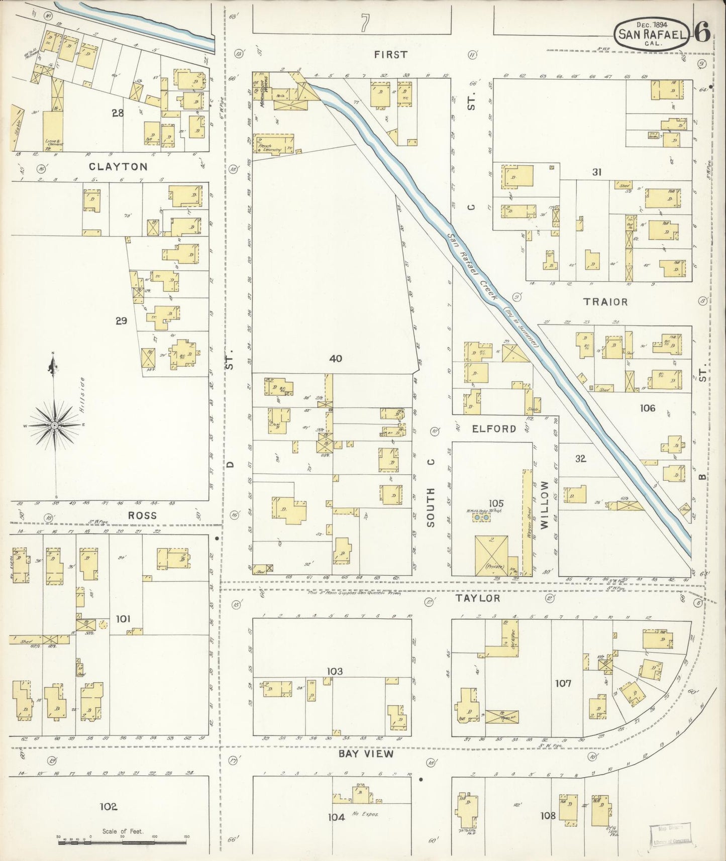 Sanborn Fire Insurance Map from San Rafael, Marin County, California (1894), Sheet #0006 - Complete Map Set gallery image, historic Sanborn map, vintage wall art, California California