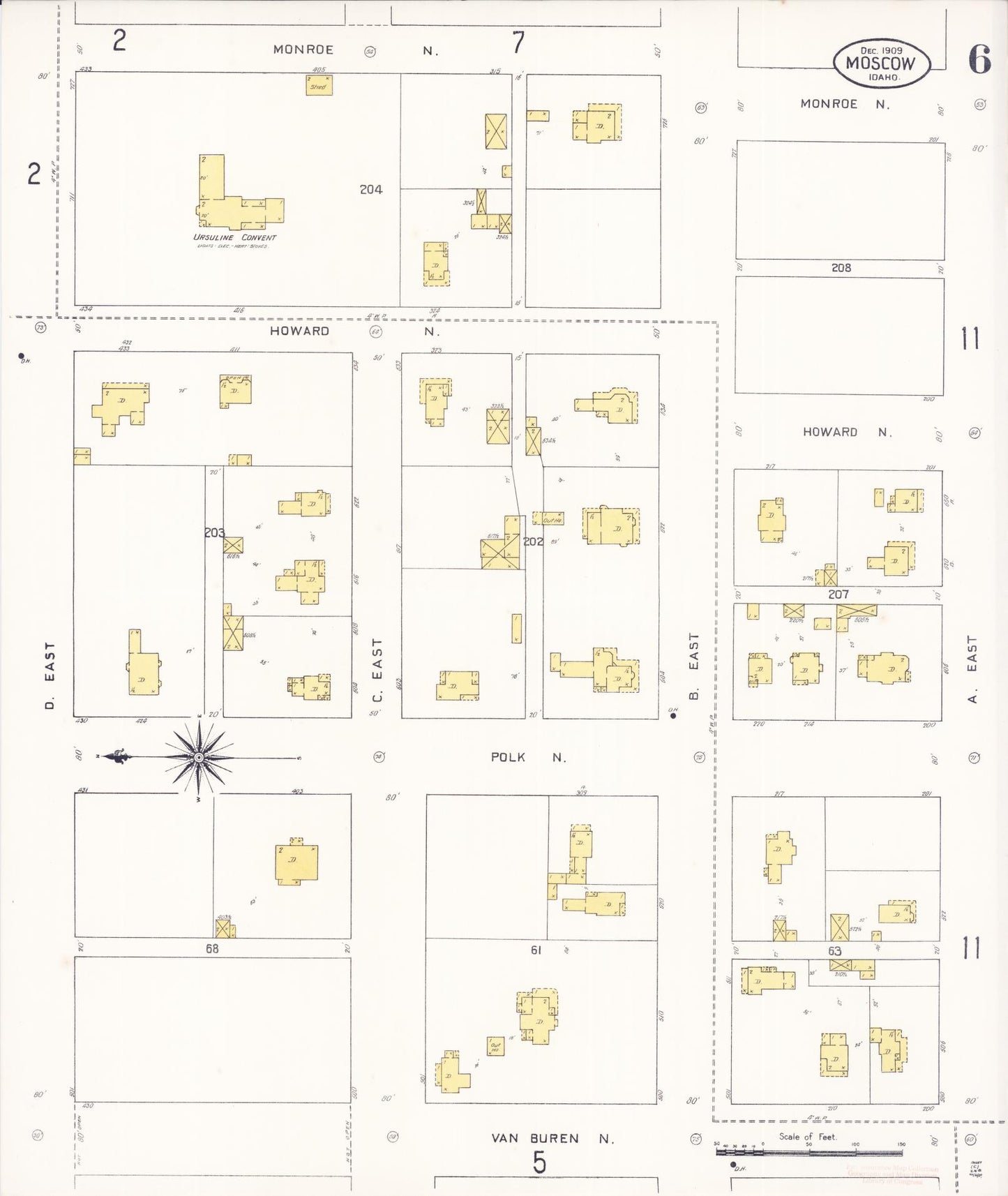 Sanborn Fire Insurance Map from Moscow, Latah County, Idaho (1909), Sheet #0006 - Historic Sanborn Fire Insurance Map Print, vintage old map wall art, antique decor, genealogy gift, Idaho Idaho map