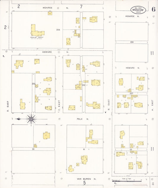 Sanborn Fire Insurance Map from Moscow, Latah County, Idaho (1909), Sheet #0006 - Historic Sanborn Fire Insurance Map Print, vintage old map wall art, antique decor, genealogy gift, Idaho Idaho map