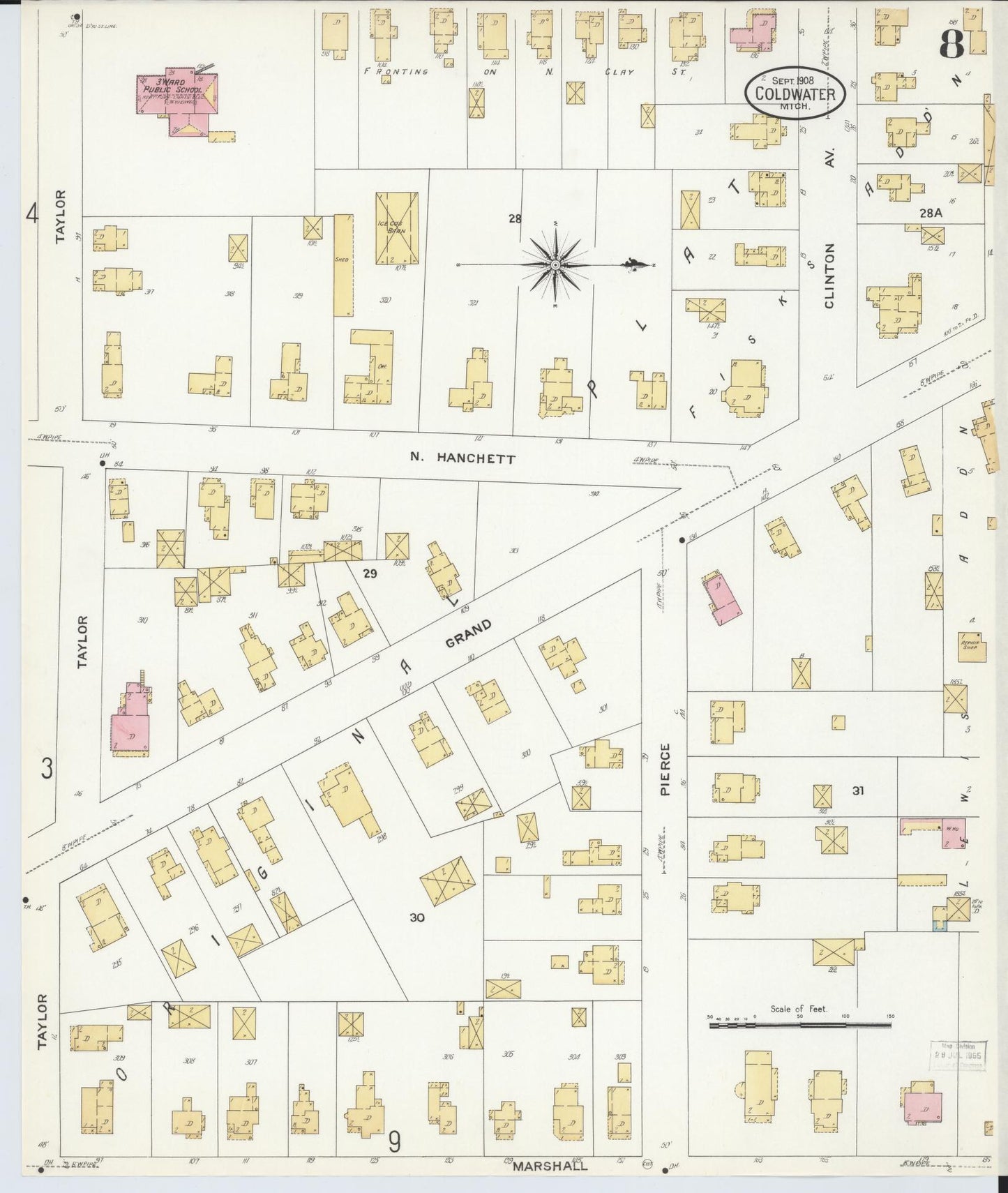 Sanborn Fire Insurance Map from Coldwater, Branch County, Michigan (1908), Sheet #0008 - Complete Map Set gallery image, historic Sanborn map, vintage wall art, Michigan Michigan
