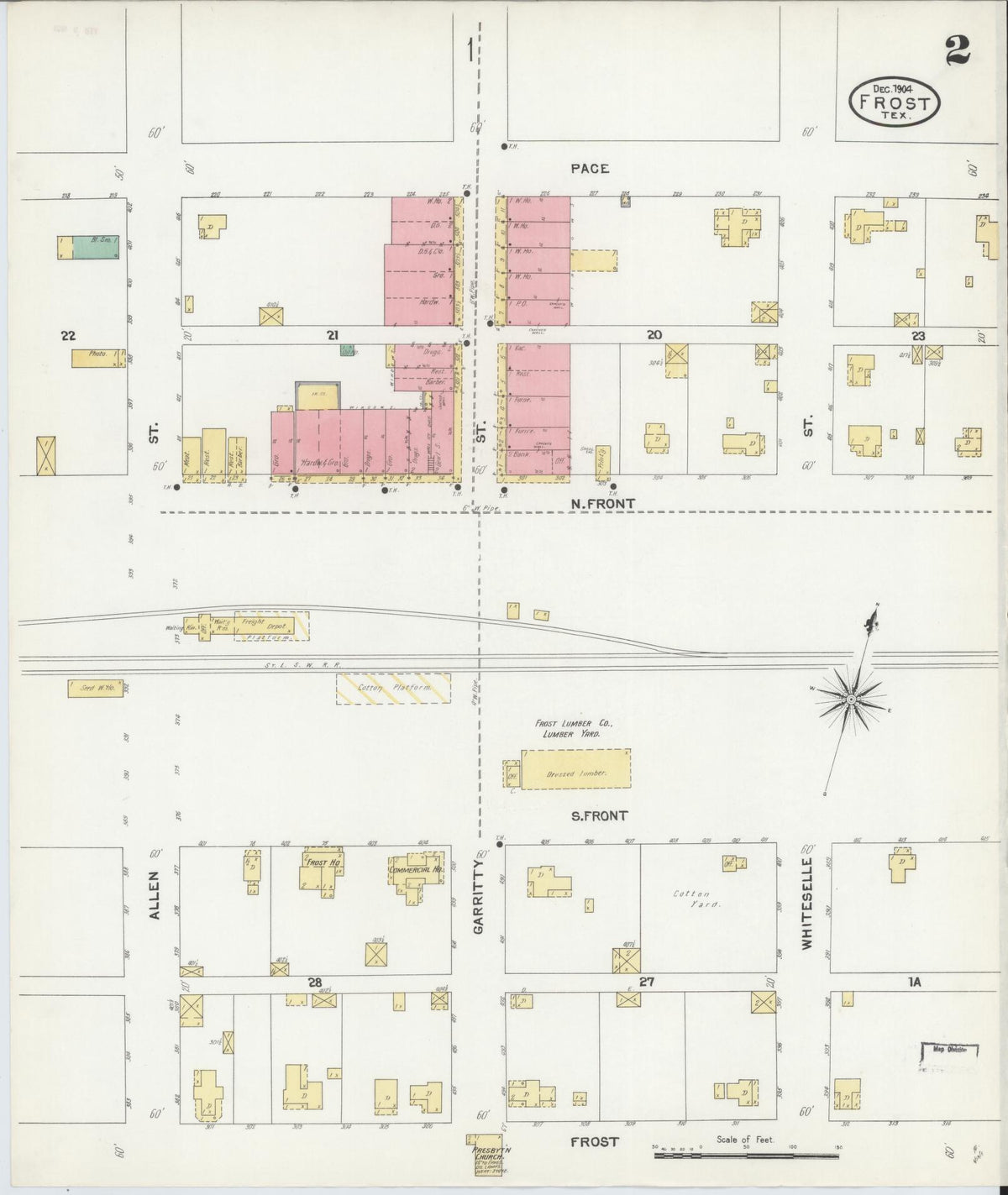 Sanborn Fire Insurance Map from Frost, Navarro County, Texas (1904), Sheet #0002 - Complete Map Set gallery image, historic Sanborn map, vintage wall art, Texas Texas