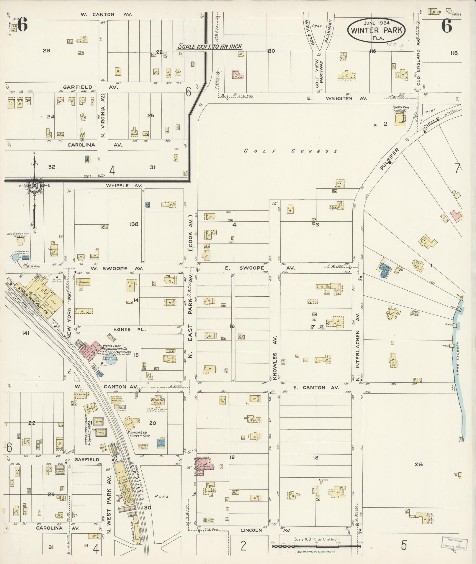 Sanborn Fire Insurance Map from Winter Park, Orange County, Florida (1924), Sheet #0006 - Complete Map Set gallery image, historic Sanborn map, vintage wall art, Florida Florida