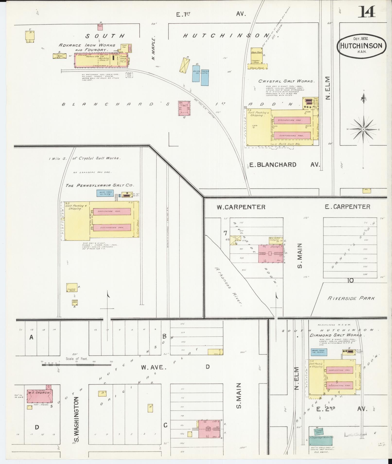 Sanborn Fire Insurance Map from Hutchinson, Reno County, Kansas (1892), Sheet #0014 - Complete Map Set gallery image, historic Sanborn map, vintage wall art, Kansas Kansas