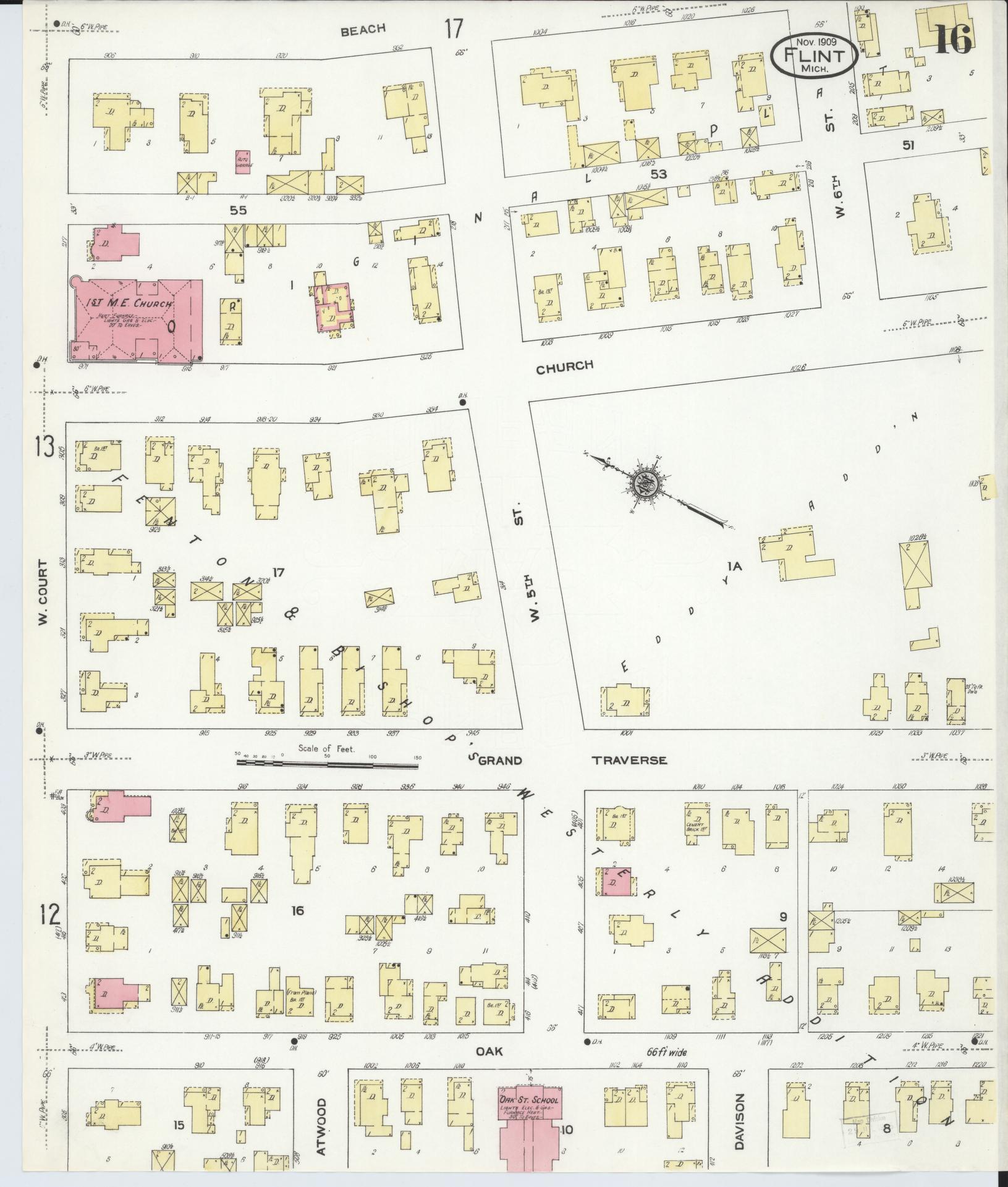 Sanborn Fire Insurance Map from Flint, Genesee County, Michigan (1909), Sheet #0016 - Complete Map Set gallery image, historic Sanborn map, vintage wall art, Michigan Michigan