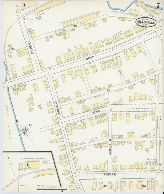 Sanborn Fire Insurance Map from Meadville, Crawford County, Pennsylvania (1891), Sheet #0007 - Historic Sanborn Fire Insurance Map Print, vintage old map wall art, antique decor, genealogy gift, Pennsylvania Pennsylvania map