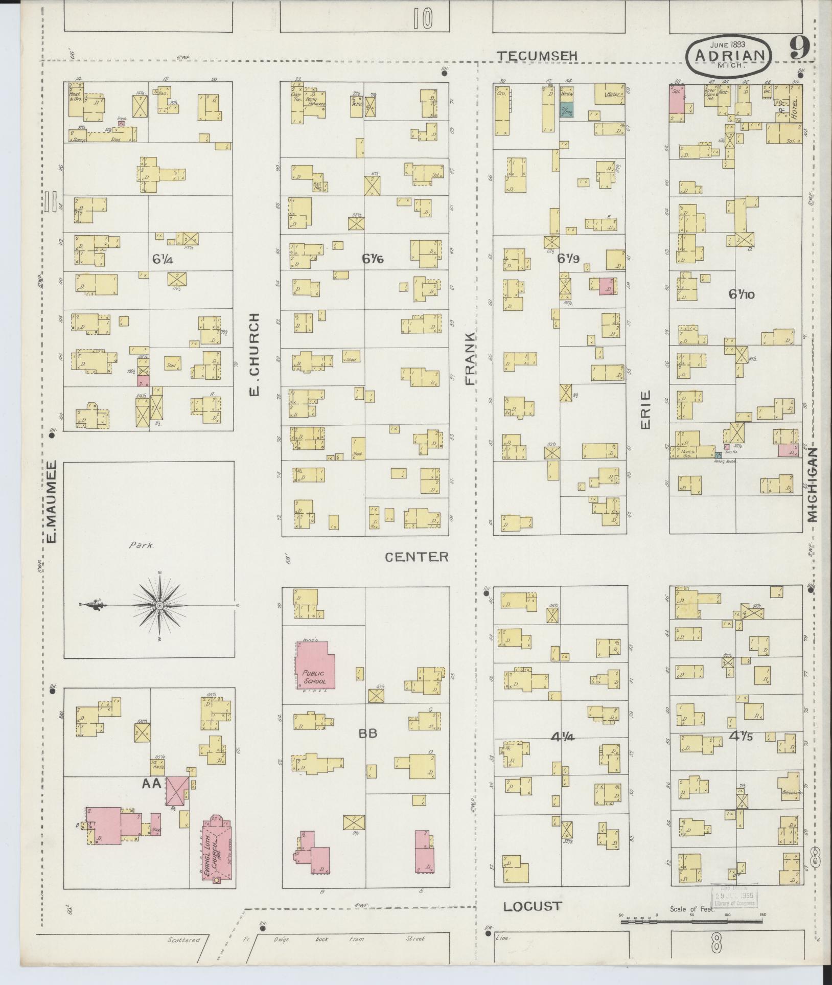 Sanborn Fire Insurance Map from Adrian, Lenawee County, Michigan (1893), Sheet #0009 - Historic Sanborn Fire Insurance Map Print, vintage old map wall art, antique decor, genealogy gift, Michigan Michigan map