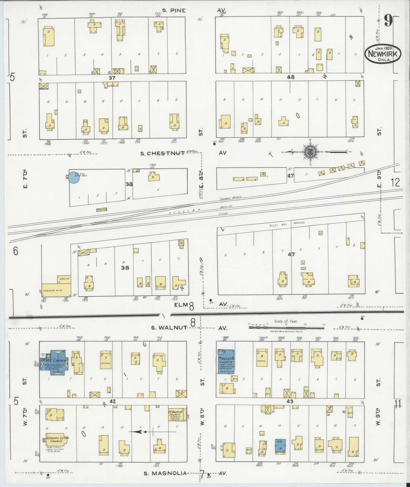 Sanborn Fire Insurance Map from Newkirk, Kay County, Oklahoma (1920), Sheet #0009 - Complete Map Set gallery image, historic Sanborn map, vintage wall art, Oklahoma Oklahoma