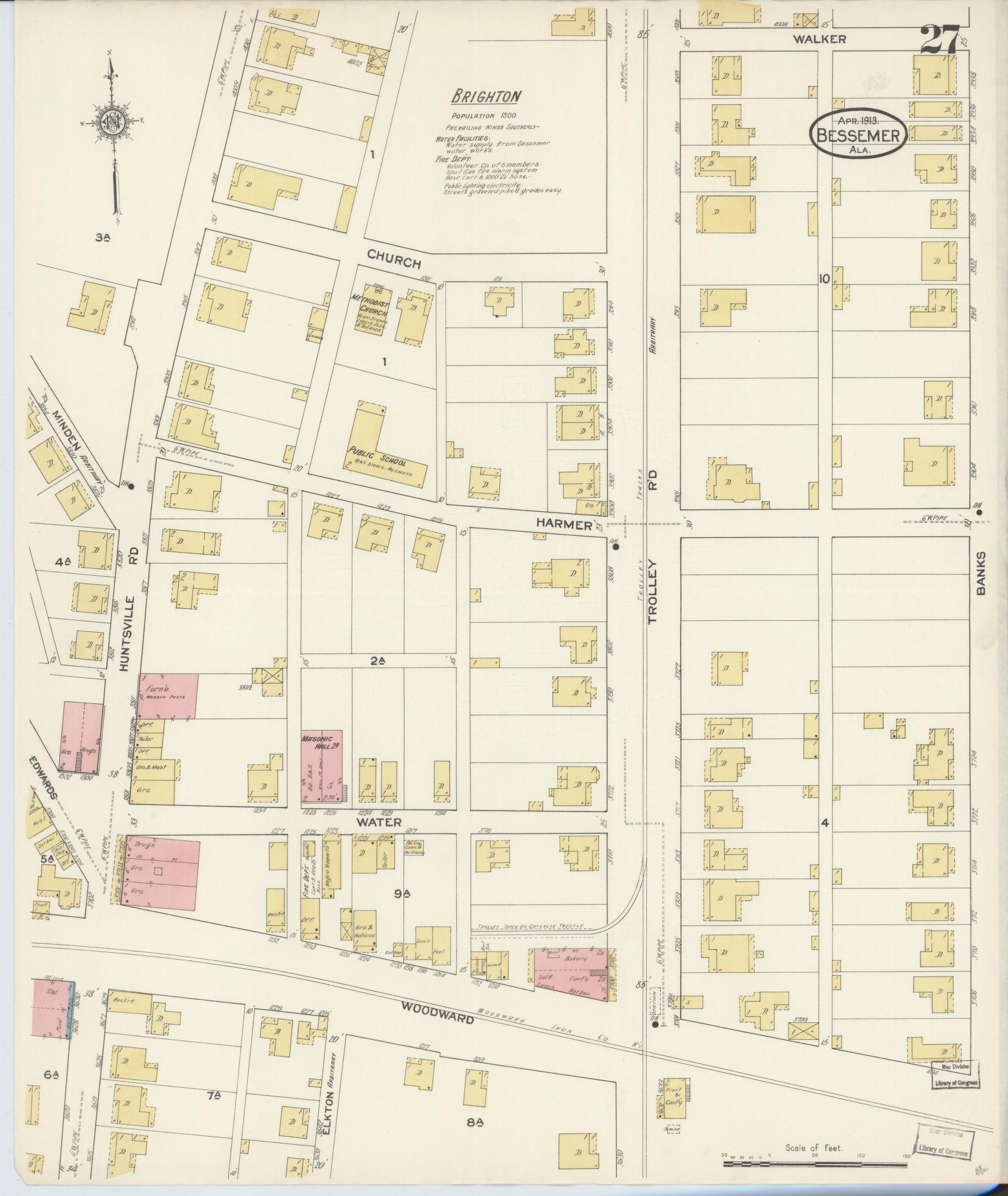 Sanborn Fire Insurance Map from Bessemer, Jefferson County, Alabama (1913), Sheet #0027 - Complete Map Set gallery image, historic Sanborn map, vintage wall art, Alabama Alabama