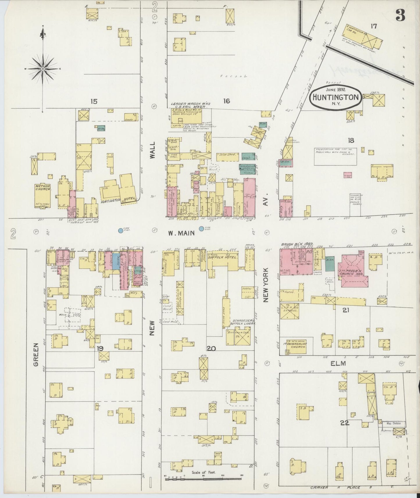 Sanborn Fire Insurance Map from Huntington, Suffolk County, New York (1892), Sheet #0003 - Historic Sanborn Fire Insurance Map Print, vintage old map wall art, antique decor, genealogy gift, New York New York map