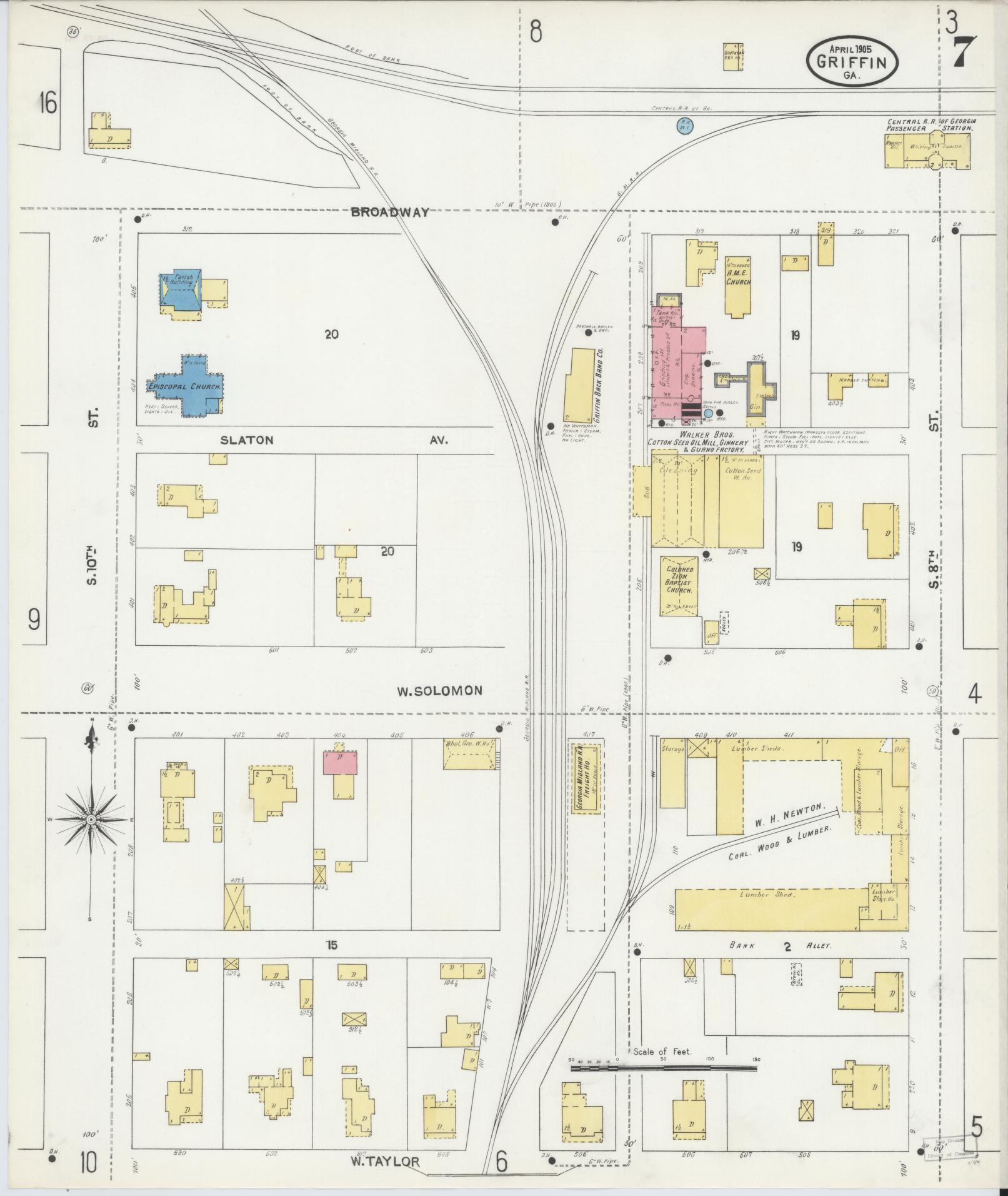 Sanborn Fire Insurance Map from Griffin, Spalding County, Georgia (1905), Sheet #0007 - Complete Map Set gallery image, historic Sanborn map, vintage wall art, Georgia Georgia
