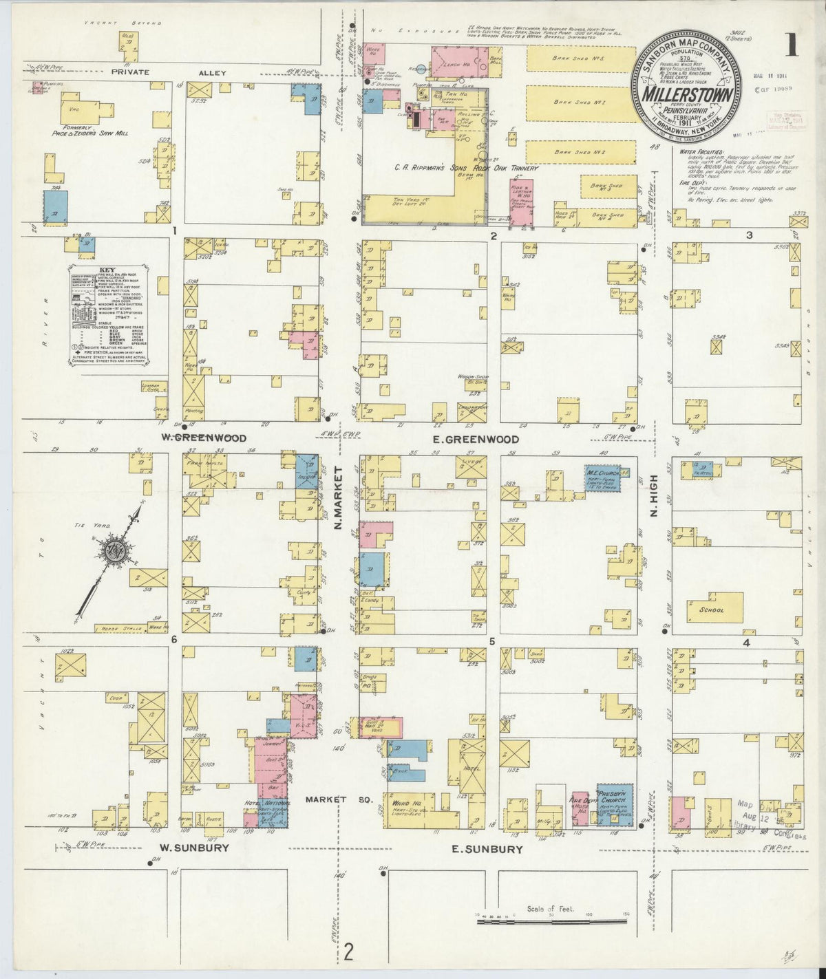 Sanborn Fire Insurance Map from Millerstown, Perry County, Pennsylvania (1911), Sheet #0001 - Historic Sanborn Fire Insurance Map Print, vintage old map wall art, antique decor, genealogy gift, Pennsylvania Pennsylvania map
