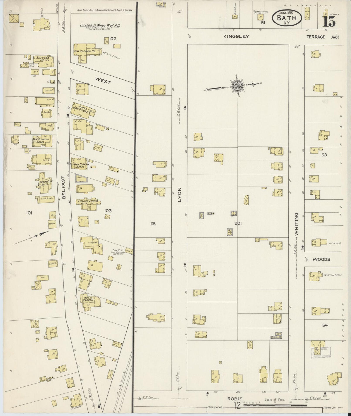 Sanborn Fire Insurance Map from Bath, Steuben County, New York (1915), Sheet #0015 - Historic Sanborn Fire Insurance Map Print, vintage old map wall art, antique decor, genealogy gift, New York New York map