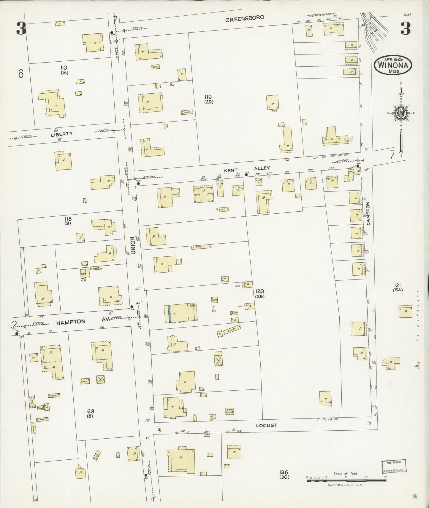 Sanborn Fire Insurance Map from Winona, Montgomery County, Mississippi (1925), Sheet #0003 - Complete Map Set gallery image, historic Sanborn map, vintage wall art, Mississippi Mississippi