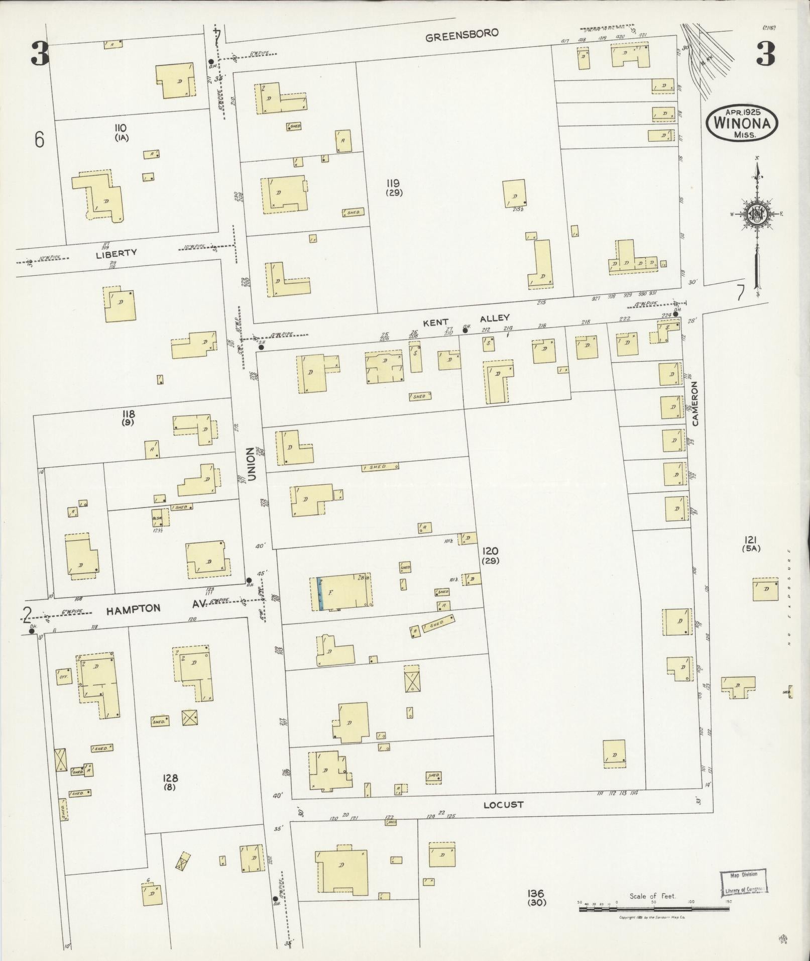 Sanborn Fire Insurance Map from Winona, Montgomery County, Mississippi (1925), Sheet #0003 - Complete Map Set gallery image, historic Sanborn map, vintage wall art, Mississippi Mississippi