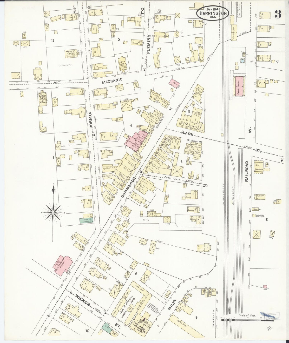 Sanborn Fire Insurance Map from Harrington, Kent County, Delaware (1904), Sheet #0003 - Complete Map Set gallery image, historic Sanborn map, vintage wall art, Delaware Delaware