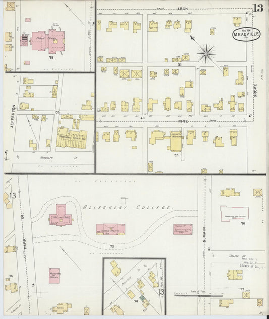 Sanborn Fire Insurance Map from Meadville, Crawford County, Pennsylvania (1896), Sheet #0013 - Historic Sanborn Fire Insurance Map Print, vintage old map wall art, antique decor, genealogy gift, Pennsylvania Pennsylvania map