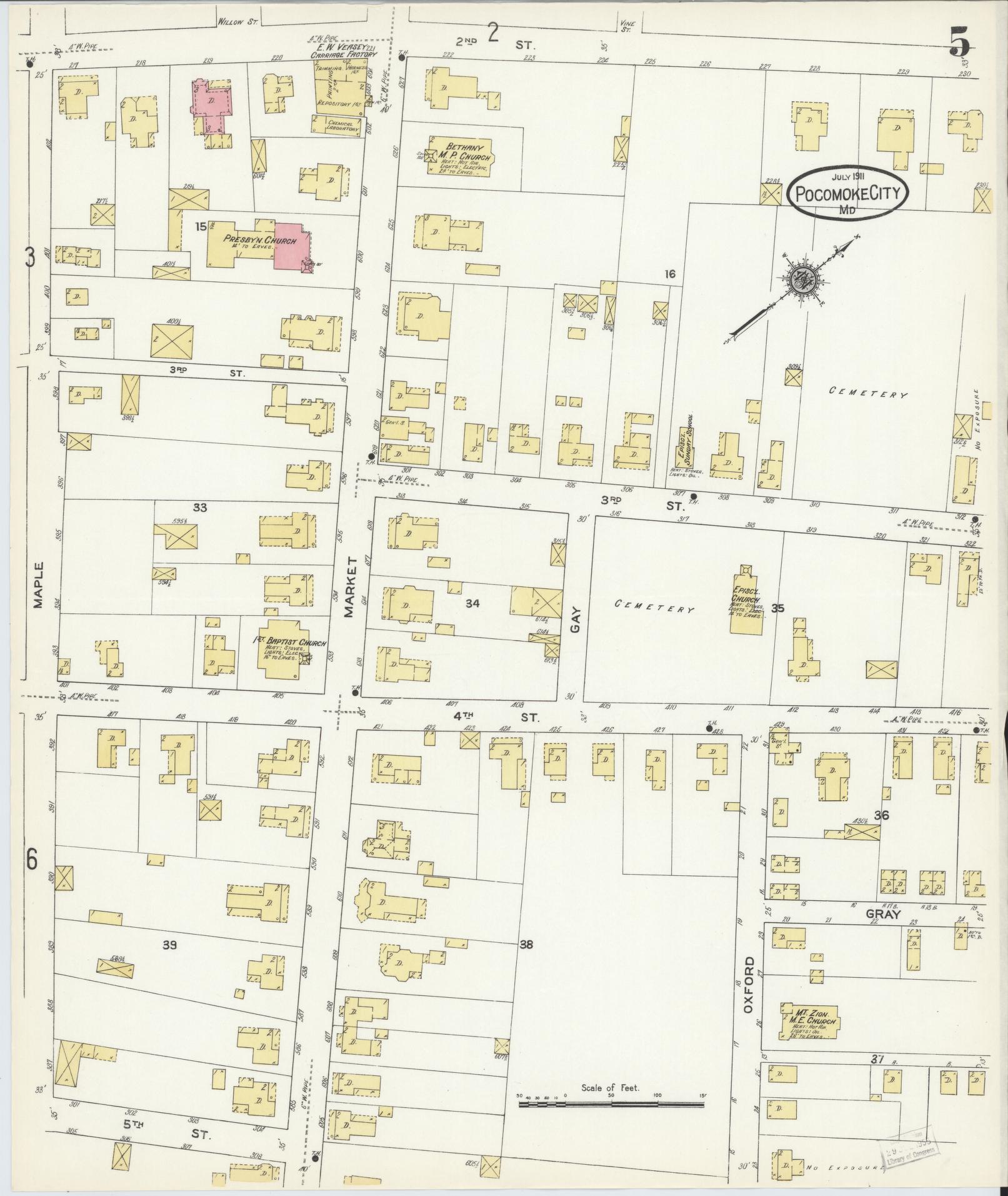 Sanborn Fire Insurance Map from Pocomoke City, Worcester County, Maryland (1911), Sheet #0005 - Historic Sanborn Fire Insurance Map Print, vintage old map wall art