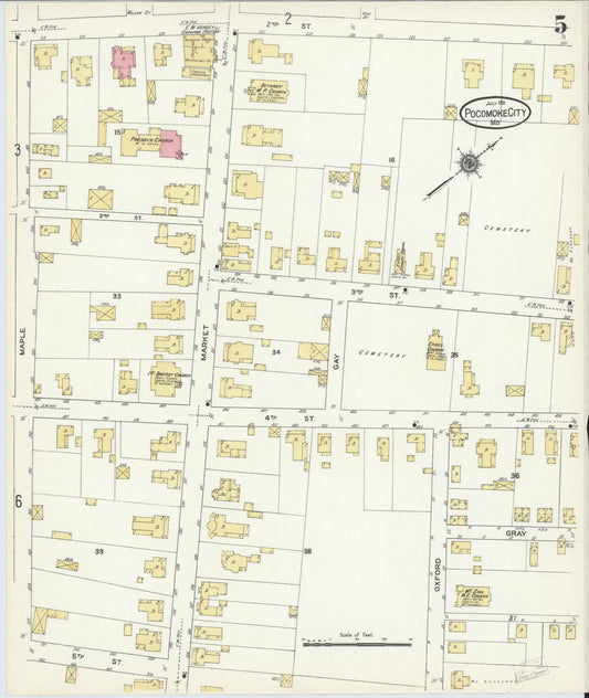 Sanborn Fire Insurance Map from Pocomoke City, Worcester County, Maryland (1911), Sheet #0005 - Historic Sanborn Fire Insurance Map Print, vintage old map wall art