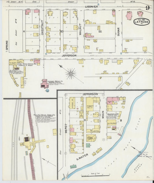 Sanborn Fire Insurance Map from Latrobe, Westmoreland County, Pennsylvania (1892), Sheet #0009 - Historic Sanborn Fire Insurance Map Print, vintage old map wall art, antique decor, genealogy gift, Pennsylvania Pennsylvania map