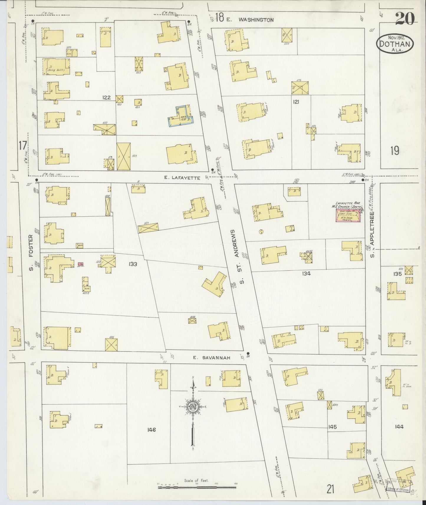 Sanborn Fire Insurance Map from Dothan, Houston County, Alabama (1912), Sheet #0020 - Historic Sanborn Fire Insurance Map Print, vintage old map wall art, antique decor, genealogy gift, Alabama Alabama map