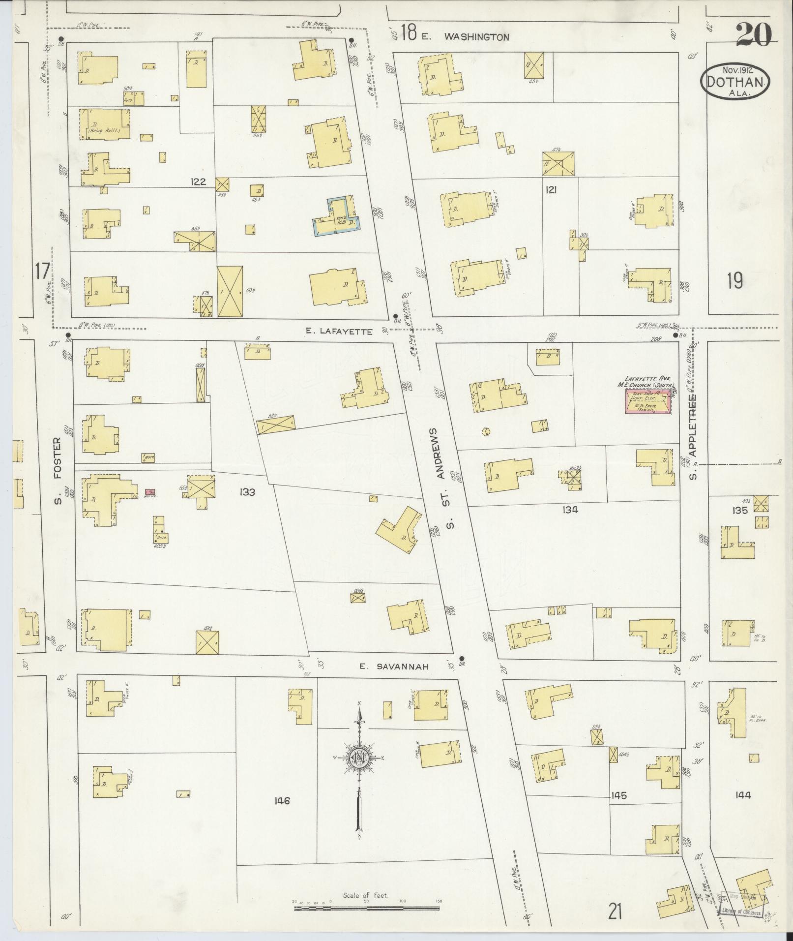 Sanborn Fire Insurance Map from Dothan, Houston County, Alabama (1912), Sheet #0020 - Historic Sanborn Fire Insurance Map Print, vintage old map wall art, antique decor, genealogy gift, Alabama Alabama map