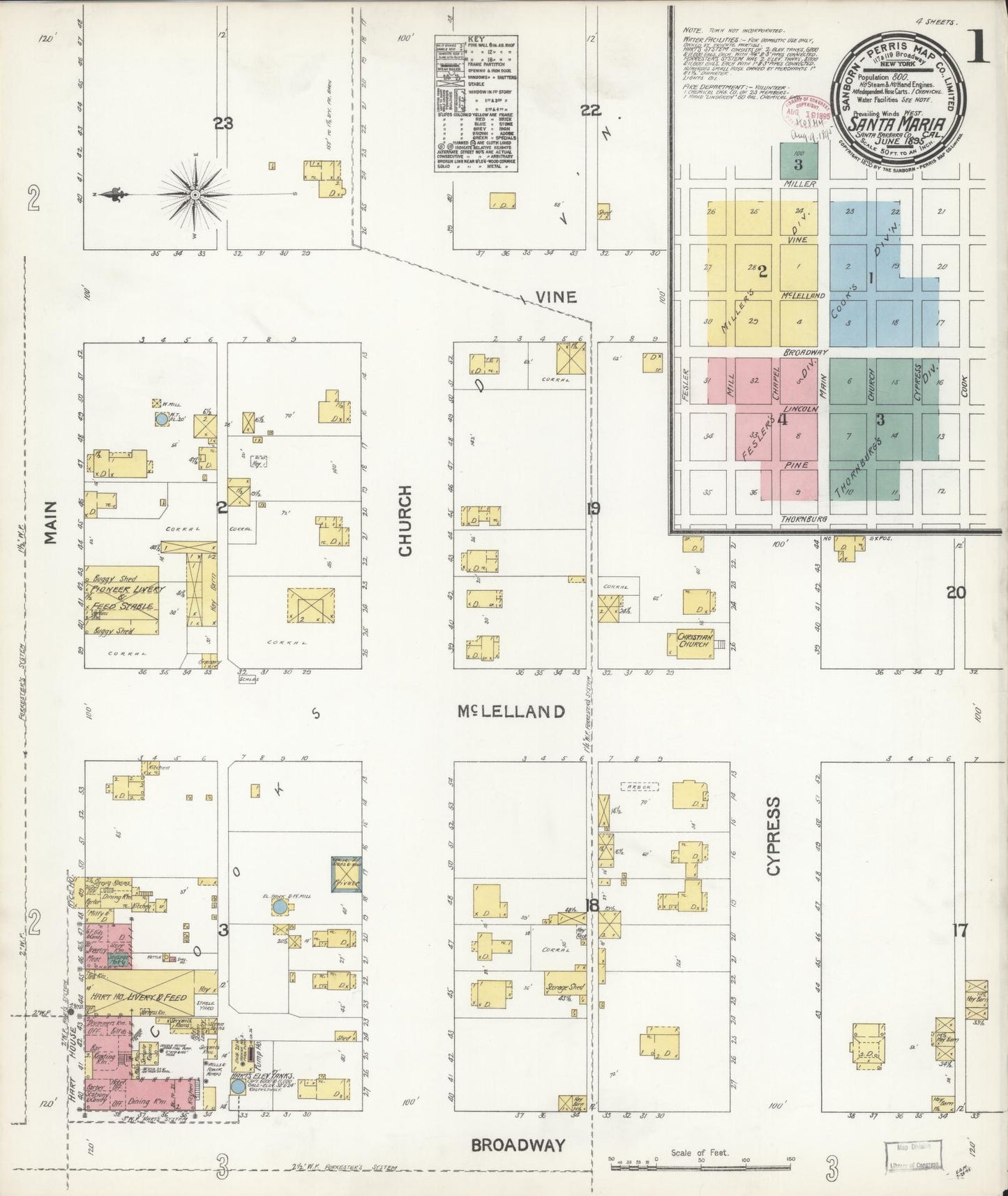 Sanborn Fire Insurance Map from Santa Maria, Santa Barbara County, California (1895), Sheet #0001 - Complete Map Set gallery image, historic Sanborn map, vintage wall art, California California